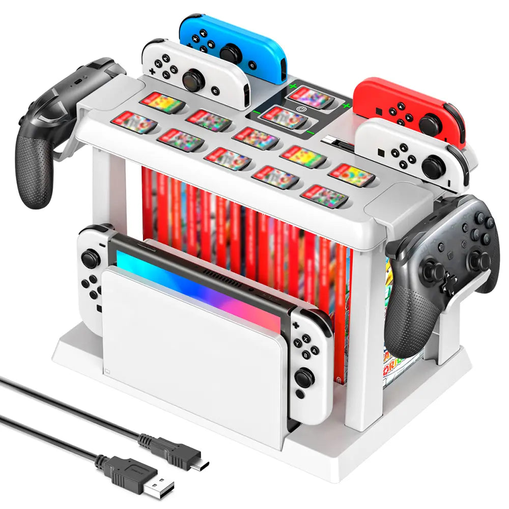 【Z】Switch Games Organizer Station with Controller Charger, Charging Dock for Switch & OLED Joycons, Switch Mounts, Brackets & Stands for Games, TV Dock, Pro Controller, Accessories Kit Storage