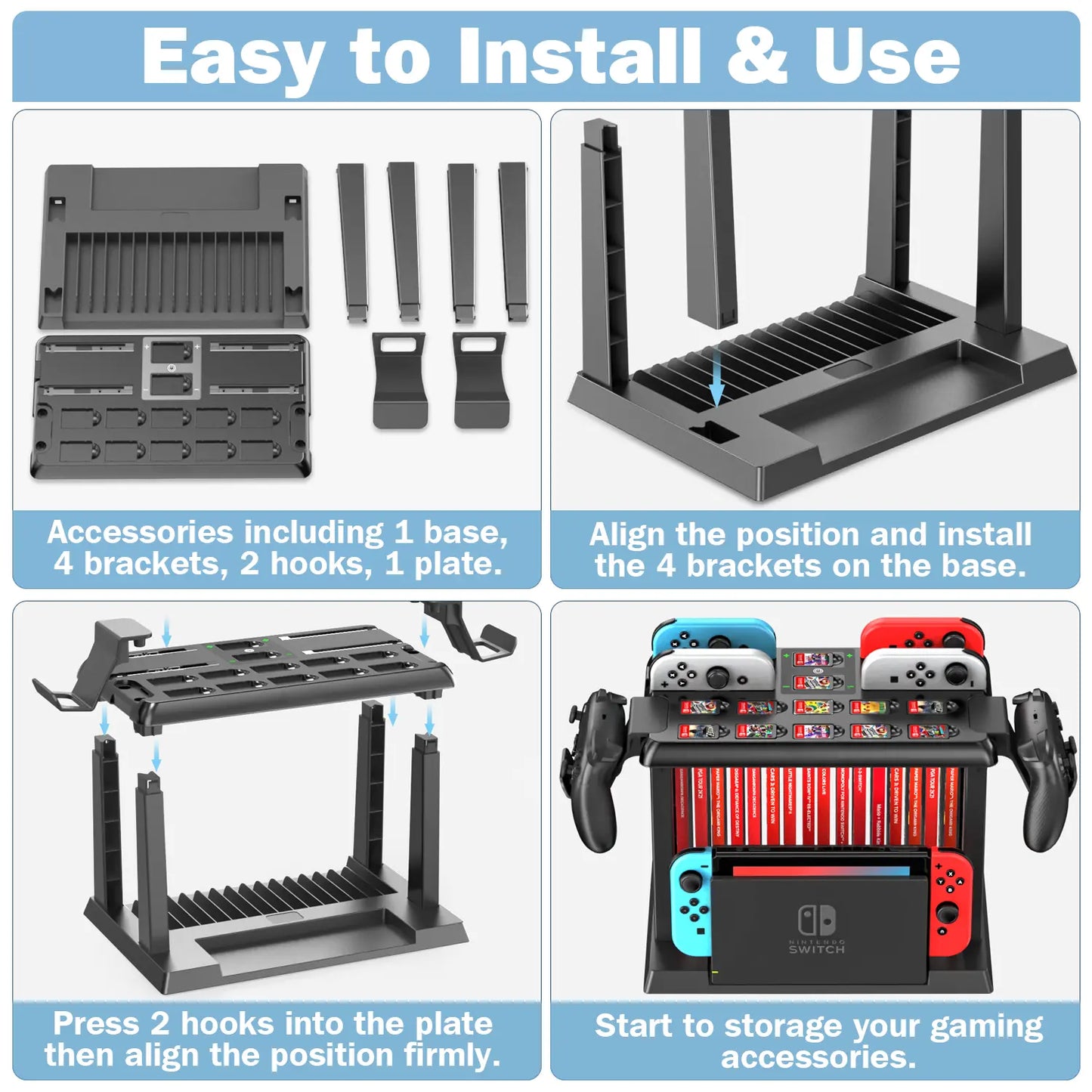 【Z】Switch Games Organizer Station with Controller Charger, Charging Dock for Switch & OLED Joycons, Switch Mounts, Brackets & Stands for Games, TV Dock, Pro Controller, Accessories Kit Storage