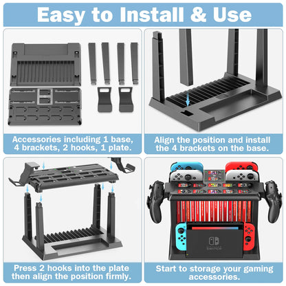 【Z】Switch Games Organizer Station with Controller Charger, Charging Dock for Switch & OLED Joycons, Switch Mounts, Brackets & Stands for Games, TV Dock, Pro Controller, Accessories Kit Storage