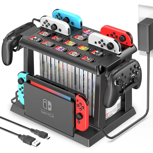 【Z】Switch Games Organizer Station with Controller Charger, Charging Dock for Switch & OLED Joycons, Switch Mounts, Brackets & Stands for Games, TV Dock, Pro Controller, Accessories Kit Storage