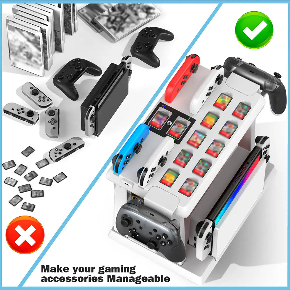 【Z】Switch Games Organizer Station with Controller Charger, Charging Dock for Switch & OLED Joycons, Switch Mounts, Brackets & Stands for Games, TV Dock, Pro Controller, Accessories Kit Storage