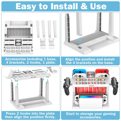 【Z】Switch Games Organizer Station with Controller Charger, Charging Dock for Switch & OLED Joycons, Switch Mounts, Brackets & Stands for Games, TV Dock, Pro Controller, Accessories Kit Storage