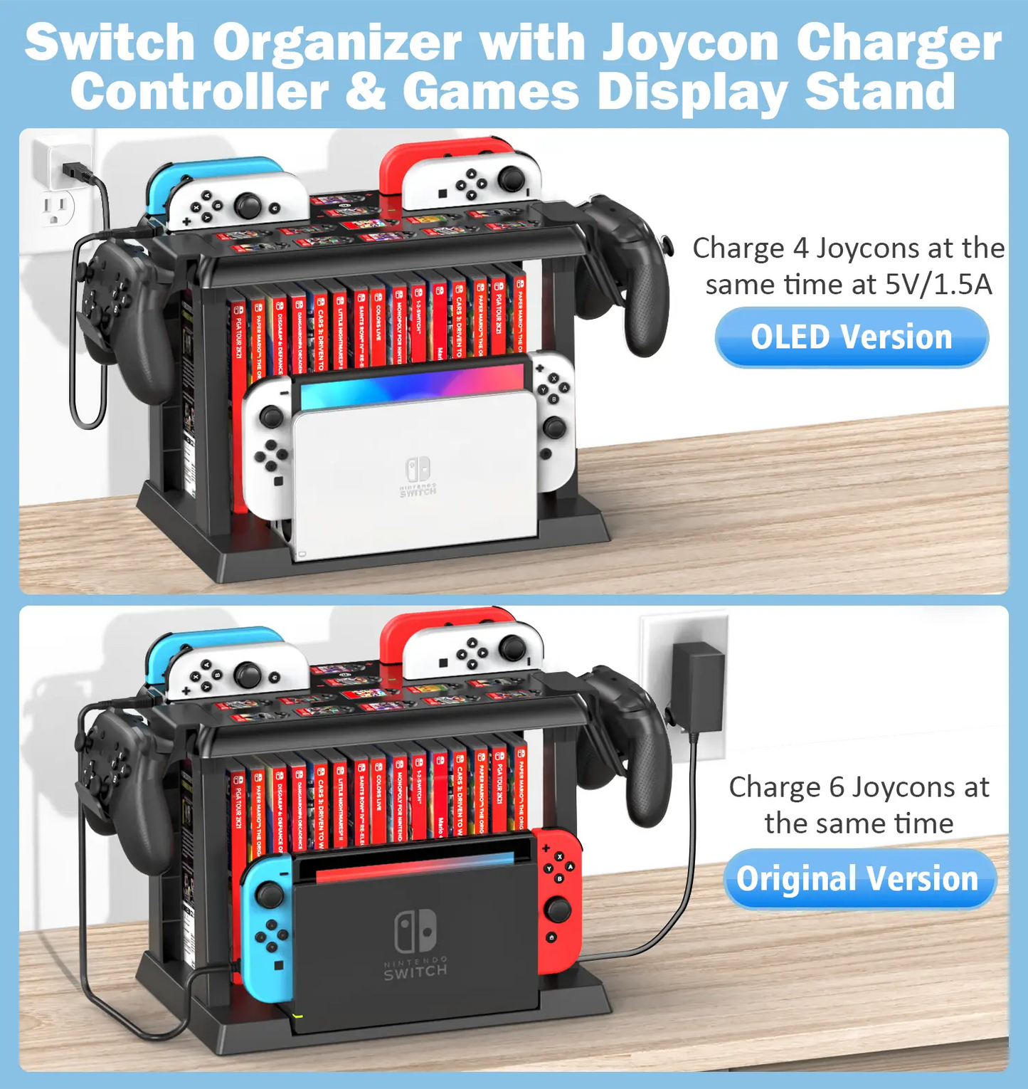 【Z】Switch Games Organizer Station with Controller Charger, Charging Dock for Switch & OLED Joycons, Switch Mounts, Brackets & Stands for Games, TV Dock, Pro Controller, Accessories Kit Storage