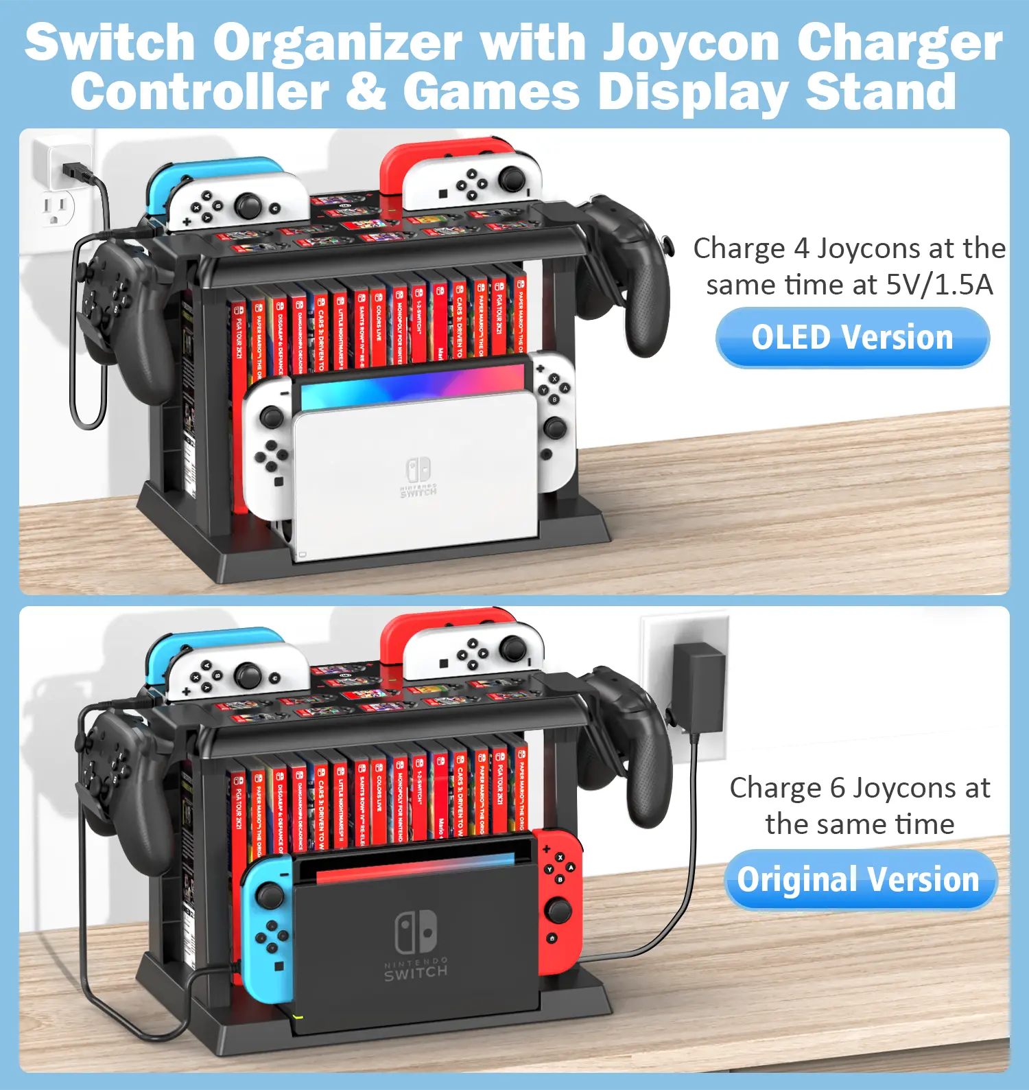 【Z】Switch Games Organizer Station with Controller Charger, Charging Dock for Switch & OLED Joycons, Switch Mounts, Brackets & Stands for Games, TV Dock, Pro Controller, Accessories Kit Storage