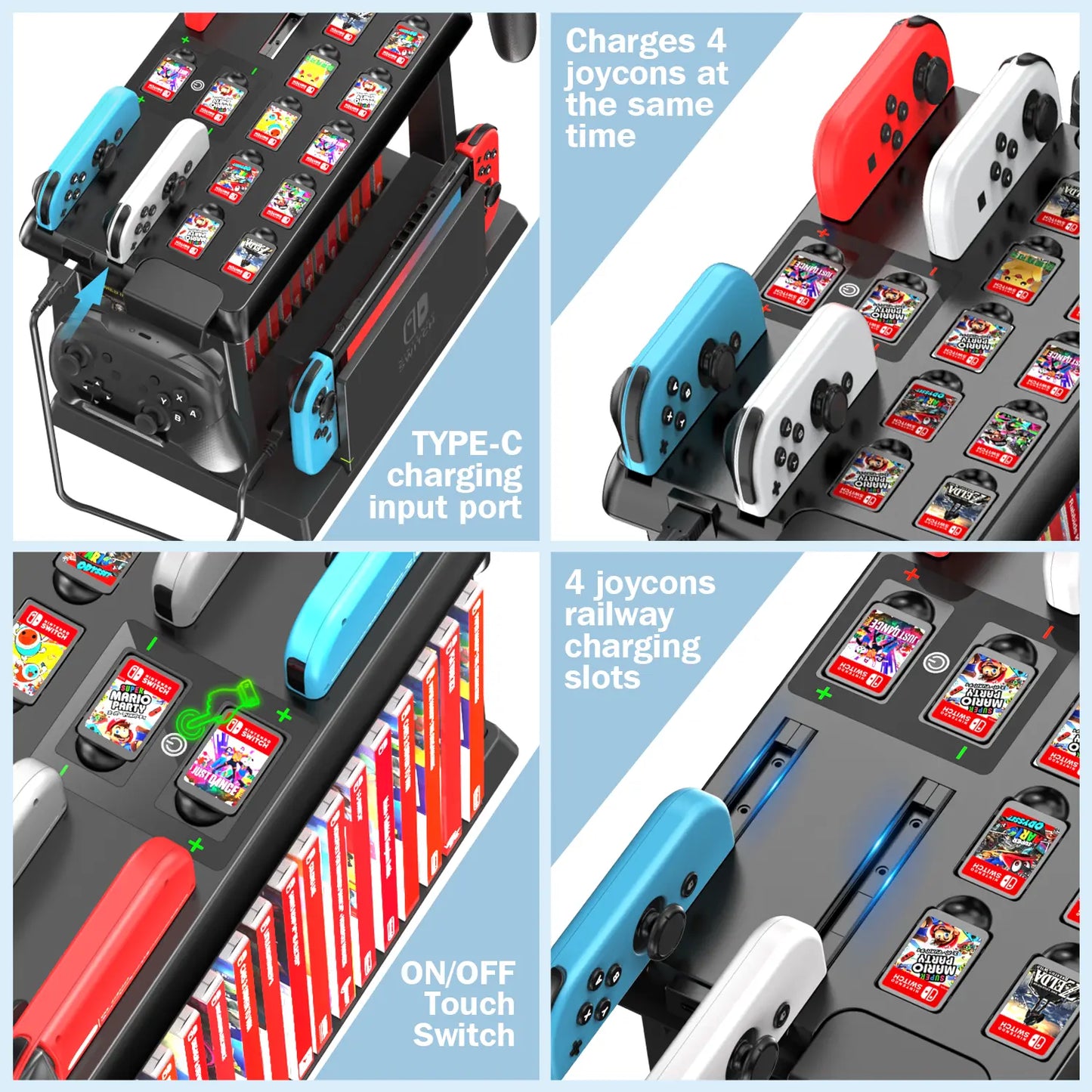 【Z】Switch Games Organizer Station with Controller Charger, Charging Dock for Switch & OLED Joycons, Switch Mounts, Brackets & Stands for Games, TV Dock, Pro Controller, Accessories Kit Storage